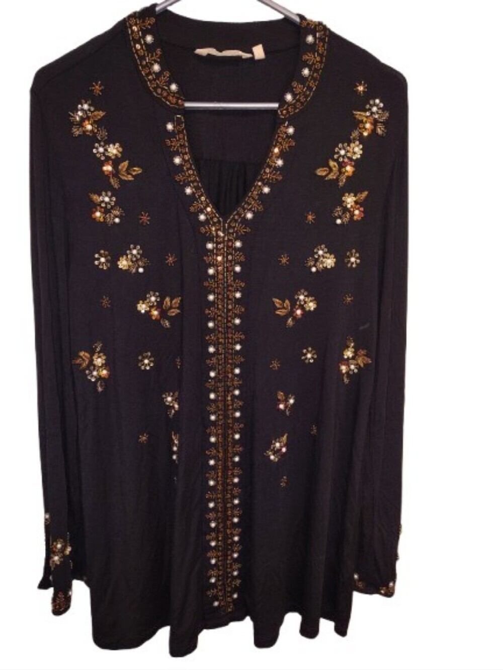 Soft Surroundings Festa Beaded Tunic Top - Black Large Drapey Embelished